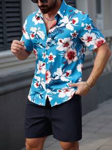 Manfinity RSRT Manfinity RSRT Men's Floral Print Short Sleeve Single-Breasted Shirt And Shorts 2 Pieces Set, Men Two Pieces Outfits, Summer Shirts For Men, Men Shirts Tropical, Men Summer Shirts