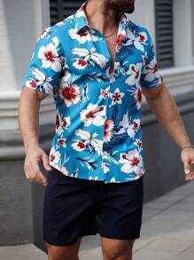 Manfinity RSRT Manfinity RSRT Men's Floral Print Short Sleeve Single-Breasted Shirt And Shorts 2 Pieces Set, Men Two Pieces Outfits, Summer Shirts For Men, Men Shirts Tropical, Men Summer Shirts