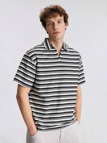 Ontre 男士条纹领短袖休闲 Polo 衫 - 黑與白 - 查看 6