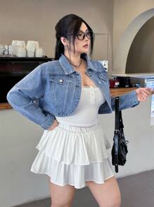 SHEIN EZwear Plus Size Women Cropped Long Sleeve Casual Versatile Denim Jacket - Light Wash - View 4