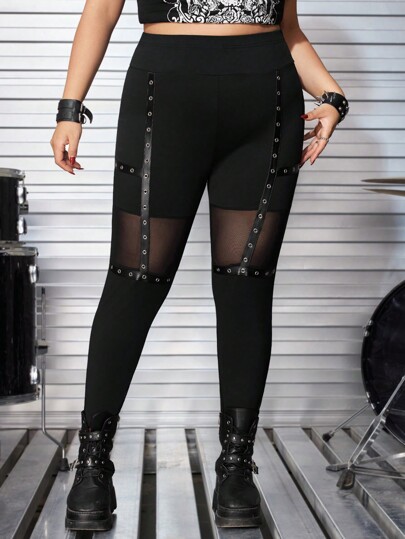 Grunge Punk Leggings gothiques punk grande taille avec contraste de mesh et décorations d'œillets