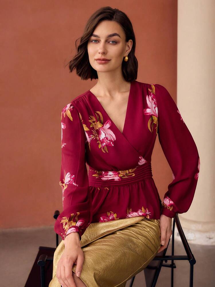 CHIFFON FLORAL PRINT PEPLUM BLOUSE