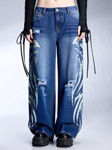 ROMWE Grunge Punk Y3k Vintage Washed Cybersigilism Print Loose Wide Leg Pants - Blue - View 3