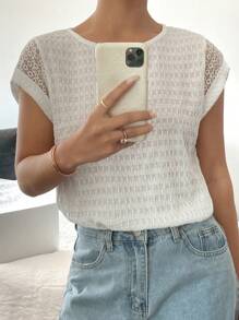 SHEIN Frenchy 女士纯色圆领白色圆袖休闲肌肉T恤夏季女装夏季上衣爆款服装热销款式 - 白色 - 查看 1