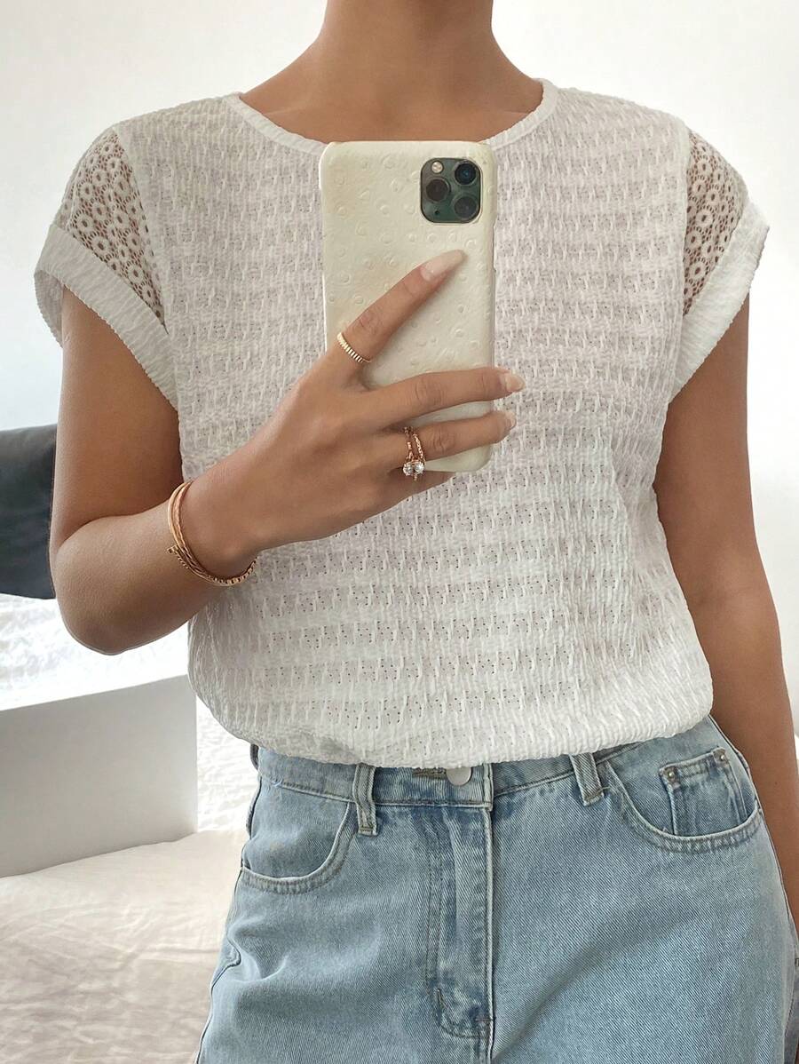 SHEIN Frenchy 女士纯色圆领白色圆袖休闲肌肉T恤夏季女装夏季上衣爆款服装热销款式 - 白色 - 查看 1