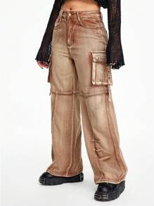 ROMWE Grunge Punk Y2K 复古破洞翻盖口袋洗水锈色宽松直筒低腰牛仔裤 - 棕色 - 查看 2