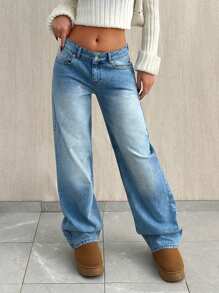 EURMUSE 女士低腰直筒牛仔裤 - 淺色水洗藍 - 查看 1