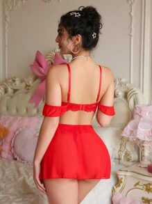 PetitDoll 3pcs Lace Contrast Mesh Women Sexy Bra Set With Underwire - Red - View 2