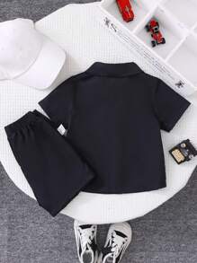 2pcs/Set Baby Boy Black & White Printed Shirt With Matching Shorts,Racing Style Graphic Street Fashion,Summer Street Life Casual Beach Outfit - Multicolor - View 2