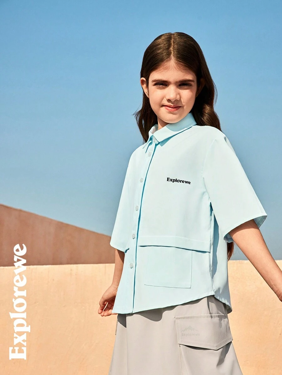 SHEIN Tween 女童简约时尚休闲日常纯色短袖衬衫 - 藍色 - 查看 1