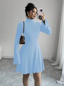 Elenzga Vestido casual de mujer de longitud media con cuello de camisa falso, manga larga, abotonado parcial delantero, bolsillo y diseño de empalme de color contrastado en mangas y dobladillo, adecuado para otoño/invierno