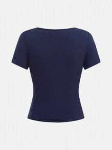 Girlism 3pcs Teens Girl Spring & Summer Ribbed Crew Neck All-Match Fitted Tees, Street Style, Casual, Versatile, Solid Colors - Blue, Black, Gray - Multicolor - View 7