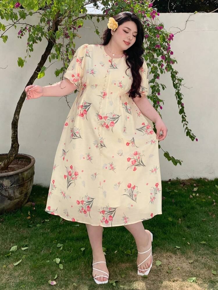 Dazy Plus Plus Size Round Neck Short Puff Sleeve Midi Dress With All Over Floral Print Party Women Dresses Milkmaid Dress Sundress Vacation Outfits Women