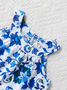 SHEIN مجموعة ملابس علوية كشكش أزرق مع شورت، مناسبة لأجواء العطلات الصيفية، قطعتان - متعدد الألوان - مشاهدة 7