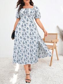 SHEIN VCAY Plus Size Boho Ditsy Floral Bubble Short Sleeve High Slit Bohemian Dress, For Summer - Baby Blue - View 4