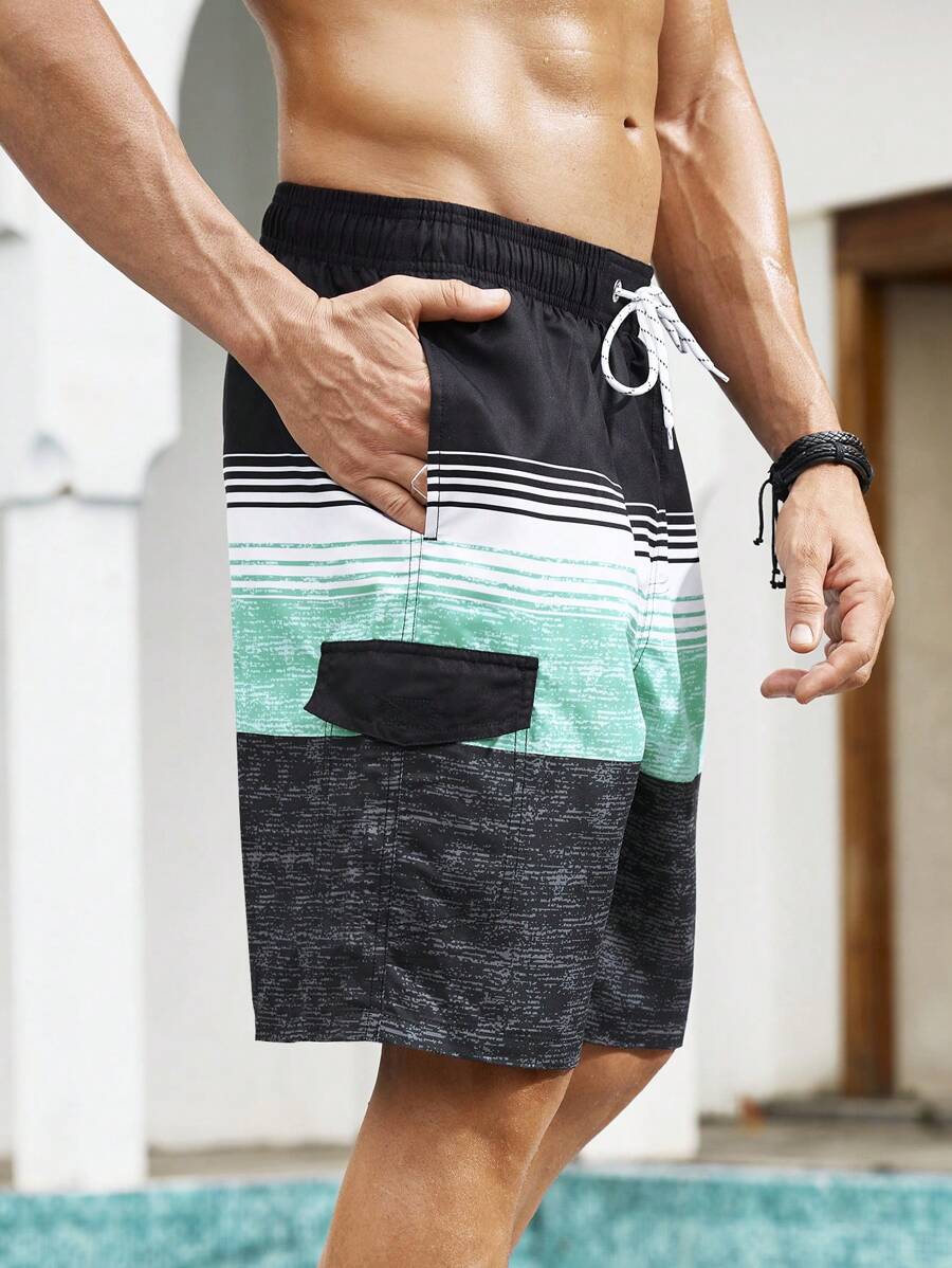 Manfinity KASUA Men's Front Tie Pocket Plain Color Patchwork Casual Beach Shorts, Hawaiian, Holiday - Multicolor - View 1