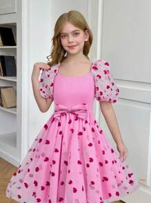 SHEIN Leap Crew Váy lưới vuông cổ vuông tay ngắn họa tiết trái tim thêu hoa thời trang đường phố cho bé gái tuổi teen, ngày lễ tình nhân - Hồng - Xem 2