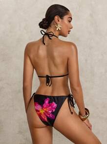 SHEIN Swim Conjunto de bikini de cuello de halter con estampado floral y de leopardo sexy para mujeres, para verano y vacaciones en la playa