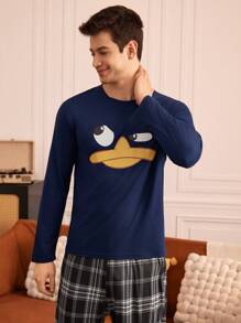 Happy Jammies Camiseta de pijama casual simple de cuello redondo y manga larga estampada para hombres