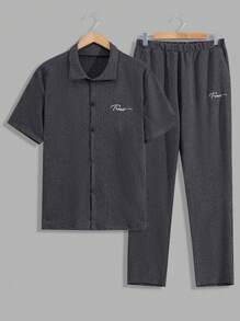 EURMUSE Men Special Fabric With Embriodery Button Front Basic Regular Shirt & Pants Set - Dark Grey - View 1