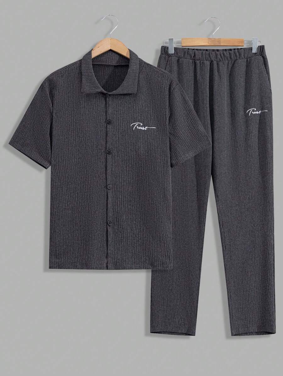EURMUSE Men Special Fabric With Embriodery Button Front Basic Regular Shirt & Pants Set - Dark Grey - View 1