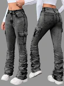 SHEIN Teen Girls Y2K Stonewashed Flared Jeans With Pleats And Flap Pocket Stacked Jeans - Light Grey - View 1