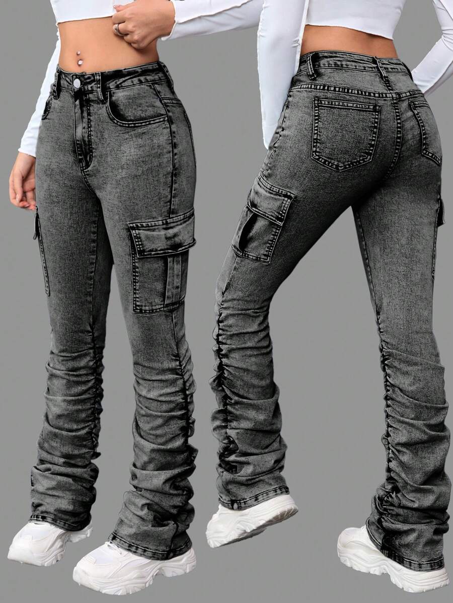 SHEIN Teen Girls Y2K Stonewashed Flared Jeans With Pleats And Flap Pocket Stacked Jeans - Light Grey - View 1