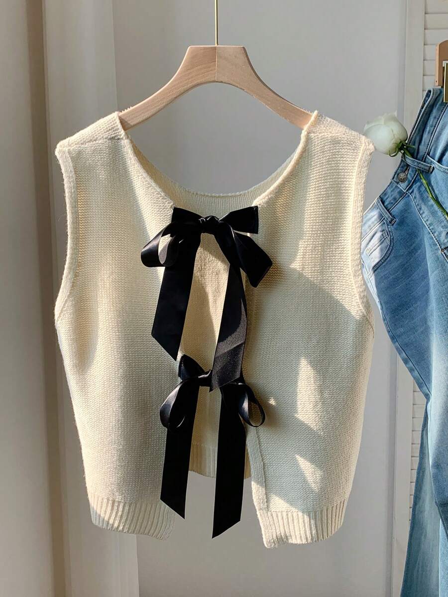 Comfortcana Top tricoté minimaliste casual sans manches à blocs de couleurs pour femmes - Blanc - Voir 1