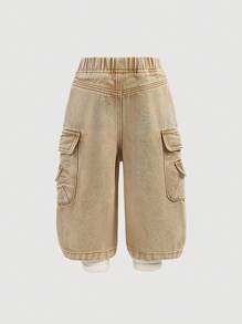 SHEIN 男婴街头酷时尚做旧复古宽松卡其色牛仔工装裤，休闲百搭，适合婴儿室内/室外服装和日常服装 - 卡其色 - 查看 2
