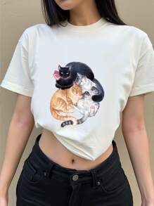 Blind Somnium 艺术家白色休闲圆领短袖卡通猫印花修身女式 T 恤，适合春夏季 - 白色 - 查看 1