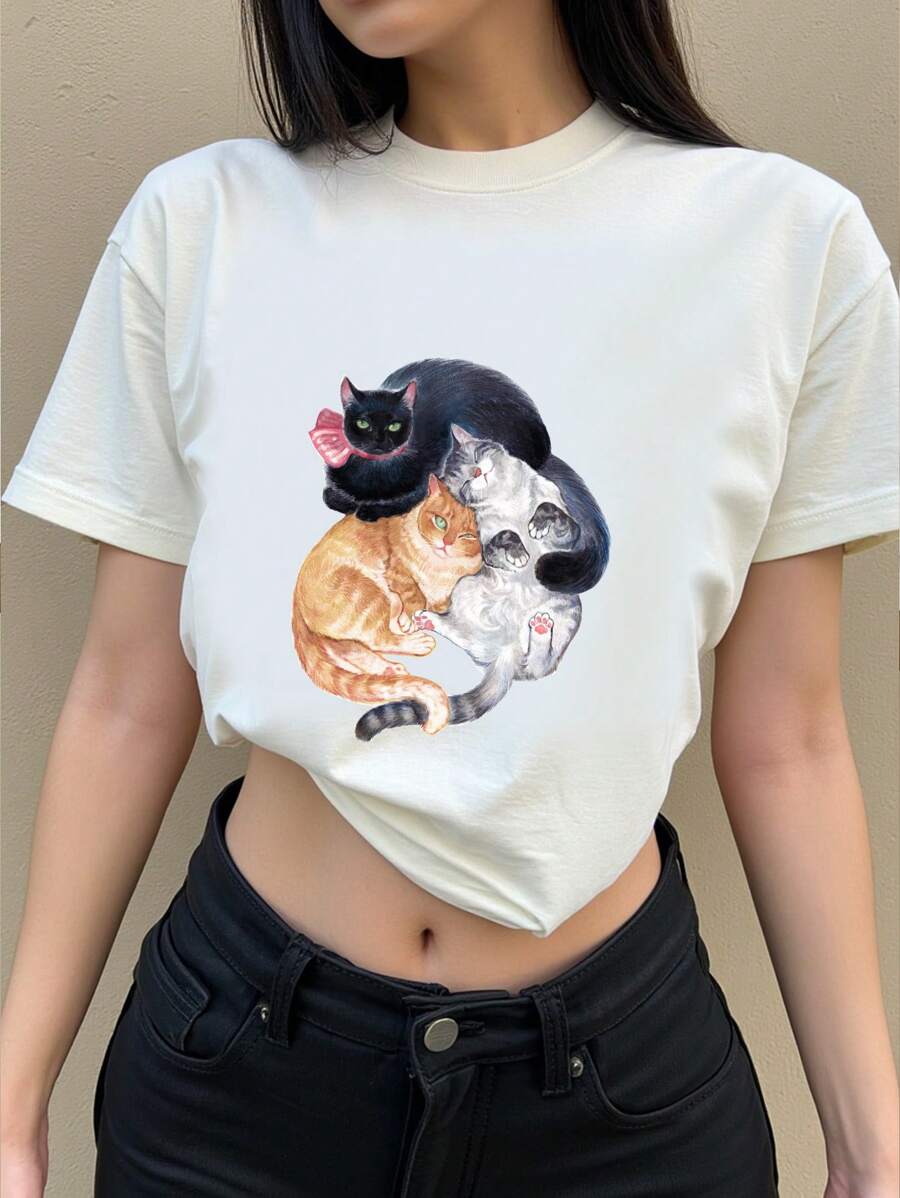 Blind Somnium 艺术家白色休闲圆领短袖卡通猫印花修身女式 T 恤，适合春夏季 - 白色 - 查看 1