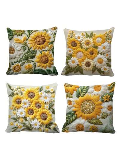 4pcs/Set Vintage Sunflower Pattern Throw Pillow Covers, 2D Flat Printing Polyester Fabric, Washable Zipper Design, Woven Floral Pattern, Pillow Inserts Not Included, Suitable For Home Decor, Living Room, Bedroom, Sofa, Car Decoration