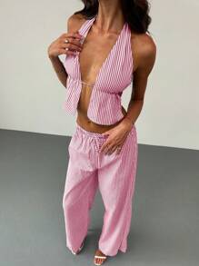 Aloruh 2pcs Set Young Lady Commuter Simple Neck Tie Slit Striped Vest + Low Waist Striped Maxi Pants - Red and White - View 5