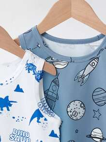 3 件套年轻男孩可爱卡通恐龙与太空印花圆领无袖休闲背心，适合夏季 - 彩色 - 查看 3