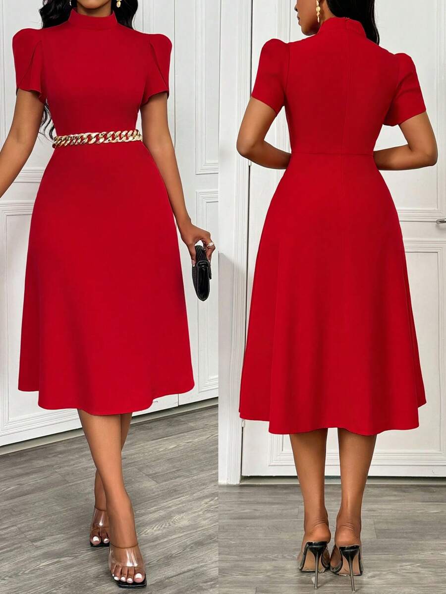 Lunelith SHEIN Lunessa 红色褶皱女式泡泡袖连衣裙，优雅简约的设计适合情人节、新年派对 - 紅色 - 查看 1