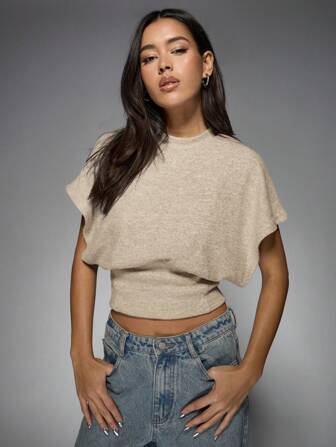 MISSGUIDED Dolman Cap Sleeve Cropped Top With Cinched Waist Design Ribbed Knit Loungewear Casual Street Style Fashion Ultra-Soft Short Sleeve Fitted Waistline Spring Summer Essential