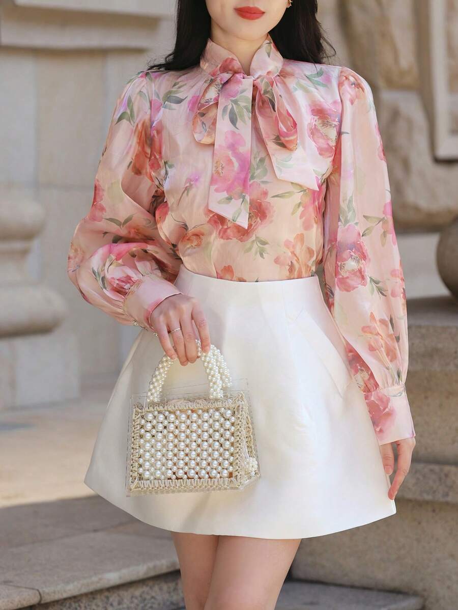 DAZY Women Floral Print Ruffled Neck & Puff Sleeve Blouse,Fall Women Clothes Long Sleeve Top - Pink - View 1