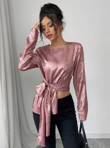 Elenzga Camicetta elegante e romantica con collo tondo, vita strizzata, in tessuto leggero e lucido con effetto madreperlato rosa