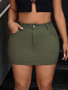 SHEIN EZwear Plus Size Solid Color Front Button Pocket Simple Casual Denim Mini Skirt - Army Green - View 2