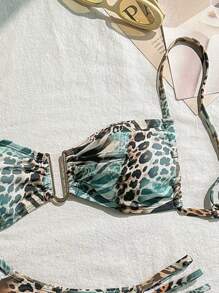 Swim Vcay Conjunto de bikini de tirantes finos con decoración metálica y estampado de leopardo aleatorio ajustable para mujeres en verano para la playa y vacaciones