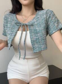 Dazy Star 女式前系带短袖简约短款 T 恤，休闲度假花卉格子 - 綠色 - 查看 4