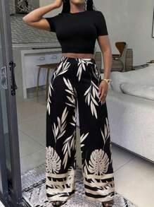 SHEIN Holidaya Set de 2 piezas con top de manga corta de cuello redondo y pantalones largos de unicolor para mujer - Negro - Ver 7