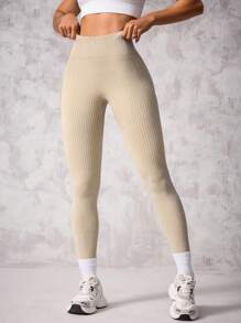 SHEIN Sports Women's High Elastic Matte Sporty Leggings - Khaki - View 4