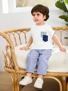Cozy Pixies 2pcs/Set Baby Boy Decorative Pocket Knitted Soft Round Neck Raglan Short Sleeve Pullover Top And Striped Pants Set - Multicolor - View 10