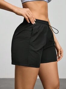 Women's Solid Color Drawstring Waist Pocket Casual Outdoor Shorts - Black - View 5