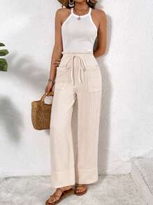 SHEIN Frenchy Women's Solid Color Cotton Frill Trim Waist Tie Utility Pocket Crepe Texture Casual Pants, Sweat-Absorbent And Breathable Spring, Summer Pants, For Daily Wear, French Holiday Winter - Apricot - View 5