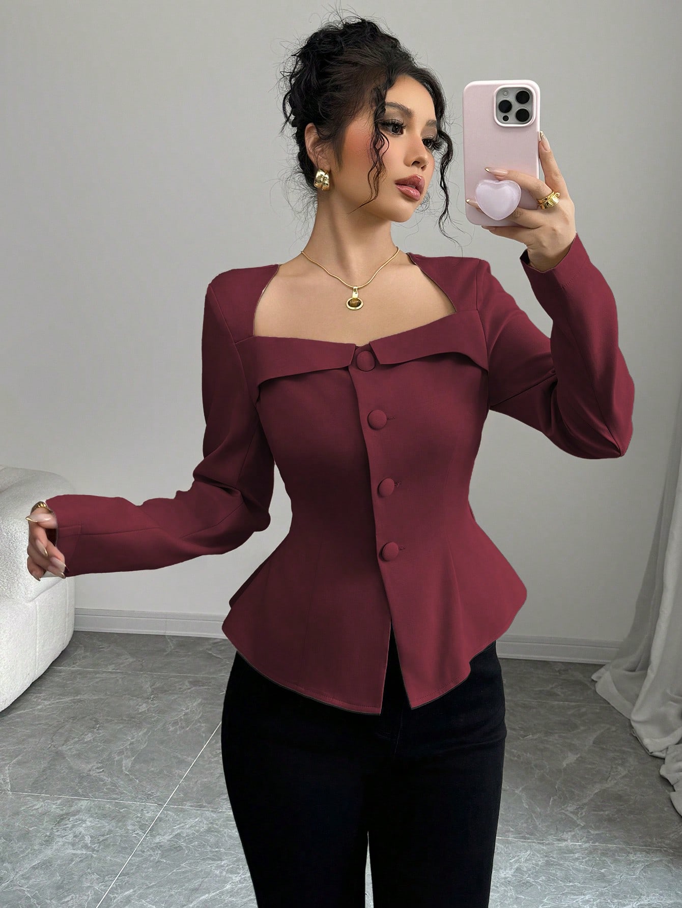 Elenzga قميص نسائي أنيق بياقة فرنسية شكل شبه منحرف، ياقة مربعة بأزرار أمامية، خصر مزين، قصة A الطويل