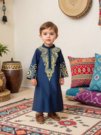 SHEIN 2pcs Infant Baby Boy Blue & Gold Retro Print Long Sleeve Shirt And Pants Set, Suitable For Daily Home Wear, Party, Vacation, School, Daily Gathering, Spring, Summer, Autumn