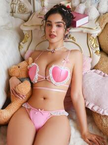 PetitDoll Set de 2 piezas de lencería sexy con volantes para mujeres, que incluye una taza de noodle con forma de corazón rosa y linda