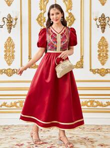 SHEIN 少女优雅复古花卉刺绣泡泡袖长裙 - 酒紅色 - 查看 5